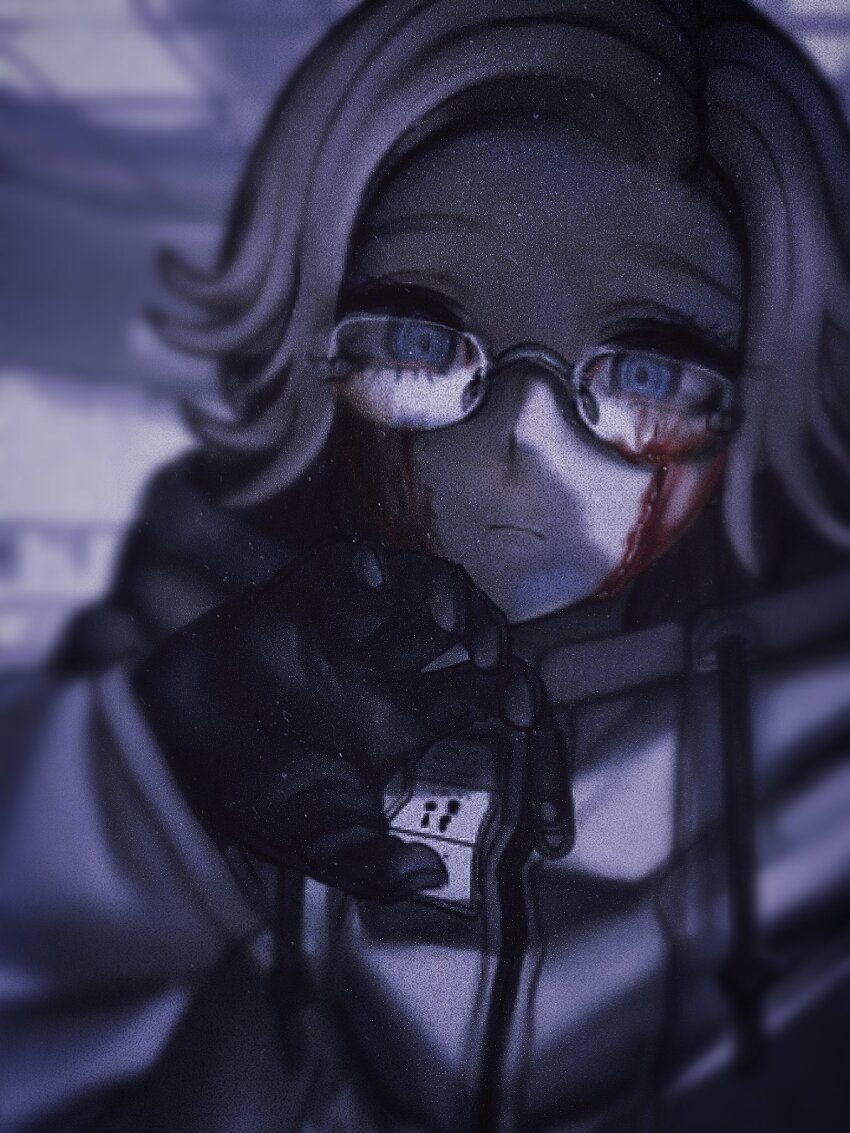1boy aotsuki_eito black_gloves blood blood_on_face blurry commentary film_grain glasses gloves grey_hair hand_up heavy_film_grain highres jacket looking_at_viewer male_focus purple_eyes ringed_eyes short_hair solo t2525tg the_hundred_line_-last_defense_academy- white_jacket