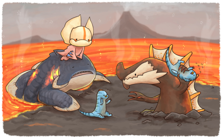 agnaktor bad_id bad_pixiv_id blurry blush_stickers capcom closed_eyes closed_mouth creature depth_of_field flying_sweatdrops grabbing lava lavasioth monster monster_hunter_(series) mountain no_humans open_mouth outdoors rock sharp_teeth sitting smoke solid_circle_eyes teeth upside-down velociprey volcano yakiudon yian_kut-ku