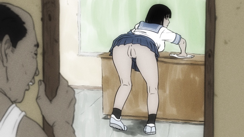 1boy 1girl age_difference anus ass balding bent_over black_hair blunt_bangs blush bottomless breasts chalkboard classroom cleaning cleaning_rag cleft_of_venus desk doorway exhibitionism eye_contact fat_mons film_grain from_behind from_outside full_body hanging_breasts hetero indoors janitor leaning_forward legs_apart looking_at_another looking_back no_panties onlookers original peeking pleated_skirt public_indecency pussy school_uniform serafuku shoes short_sleeves skirt small_breasts sneakers socks standing tagme temon ugly_bastard uncensored upskirt voyeurism