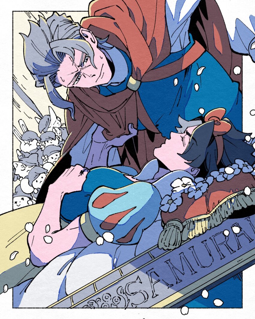 2boys ace_attorney barok_van_zieks black_hair blue_dress blue_vest cape closed_eyes closed_mouth cosplay cross_scar dress grey_eyes grey_hair hairband hand_up highres kazuma_asogi looking_at_another male_focus multiple_boys profile red_cape red_hairband scar scar_on_face shino_(shino_dgs) shirt short_hair short_sleeves snow_white snow_white_(disney) snow_white_(disney)_(cosplay) sweatdrop the_great_ace_attorney the_prince_(disney) the_prince_(disney)_(cosplay) vest white_shirt yaoi