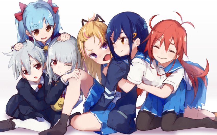 1boy 6+girls ^_^ ahoge artist_request barefoot blazer blonde_hair blue_hair blush brown_eyes closed_eyes commentary_request feet flip_flappers girl_sandwich grey_hair hair_ribbon hand_on_another&#039;s_head hug hug_from_behind jacket kokomine_cocona long_hair makihitsuji multiple_girls no_shoes nyunyu nyunyu_(flip_flappers) one_eye_closed orange_hair pantyhose papika_(flip_flappers) purple_eyes red_eyes red_hair ribbon sandwiched school_uniform serafuku short_hair simple_background sitting skirt smile socks thick_eyebrows toto_(flip_flappers) twintails white_background yayaka yayaka_(flip_flappers) yuyu_(flip_flappers)