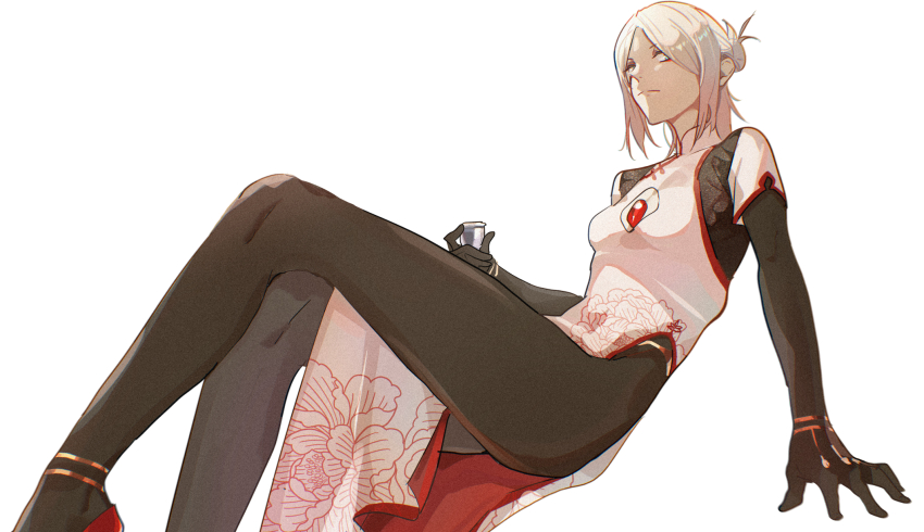1girl blue_eyes breasts chest_jewel china_dress chinese_clothes cleavage_cutout clothing_cutout cup dress eyeshadow eyeshadow_under_eye fate/extella fate/extella_link fate/extra fate_(series) feet_out_of_frame genderswap genderswap_(mtf) hair_bun half_updo highres holding holding_cup karna_(fate) koroponsu3 looking_at_viewer makeup medium_hair pale_skin red_eyeshadow short_sleeves simple_background single_hair_bun sitting small_breasts solo white_background white_dress white_hair