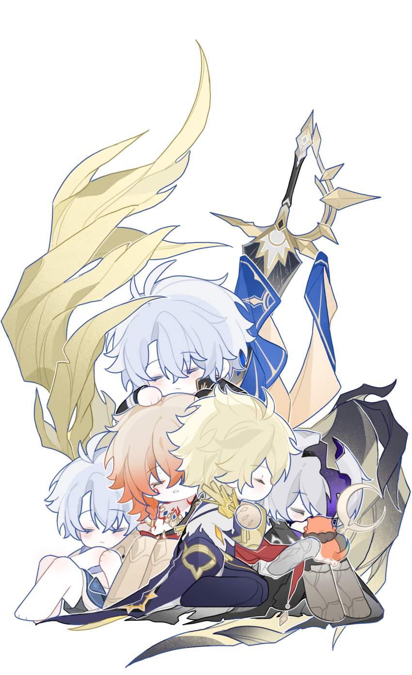 4boys absurdres antenna_hair arm_tattoo armored_boots asymmetrical_wings black_shirt black_wings blonde_hair blue_cape boots braid cape chest_tattoo chibi chibi_only chinese_commentary closed_eyes commentary_request f624008638 flame_reaver_of_the_deepest_dark gradient_hair highres honkai:_star_rail honkai_(series) hug male_focus material_growth medium_hair multicolored_hair multiple_boys multiple_persona mydei_(fig_stew)_(honkai:_star_rail) mydei_(honkai:_star_rail) parted_bangs phainon_(a_dream_scented_in_wheat)_(honkai:_star_rail) phainon_(honkai:_star_rail) phainon_(khaslana)_(honkai:_star_rail) red_hair red_tattoo shirt short_hair side_braid simple_background sword tattoo weapon white_background white_hair wings yellow_wings