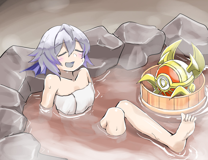 1girl 1other absurdres agido_the_ancient_sentinel barefoot blue_tongue bucket closed_eyes colored_mouth colored_tongue commentary duel_masters duel_monster eye_of_horus feet grey_hair highres monster naked_towel onsen relaxing short_hair smile tearlaments_merrli toes tomiyama_mishiro towel water yu-gi-oh! yu-gi-oh!_master_duel
