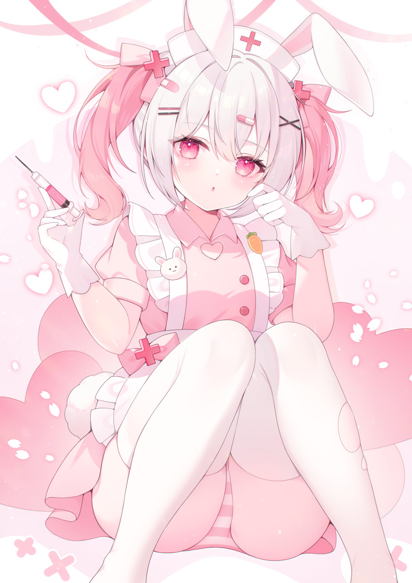 1girl :o absurdres animal_ears apron borrowed_character breasts carrot_pin clothing_cutout collared_dress commission dot_nose double-parted_bangs dress falling_petals gloves hair_ornament hairpin hands_up hat heart heart_cutout highres holding holding_syringe kooriais light_blush long_hair looking_at_viewer nurse nurse_cap original pale_skin panties pantyshot pastel_colors petals pill_hair_ornament pink_background pink_eyes pink_hair pink_theme puffy_short_sleeves puffy_sleeves rabbit_ears rabbit_girl rabbit_pin rabbit_tail revealing_clothes second-party_source short_dress short_sleeves sitting skeb_commission small_breasts striped_clothes striped_panties syringe tail thighhighs torn_clothes torn_thighhighs underwear waist_apron wavy_hair white_gloves white_hair white_thighhighs wing_collar x_hair_ornament yami_kawaii