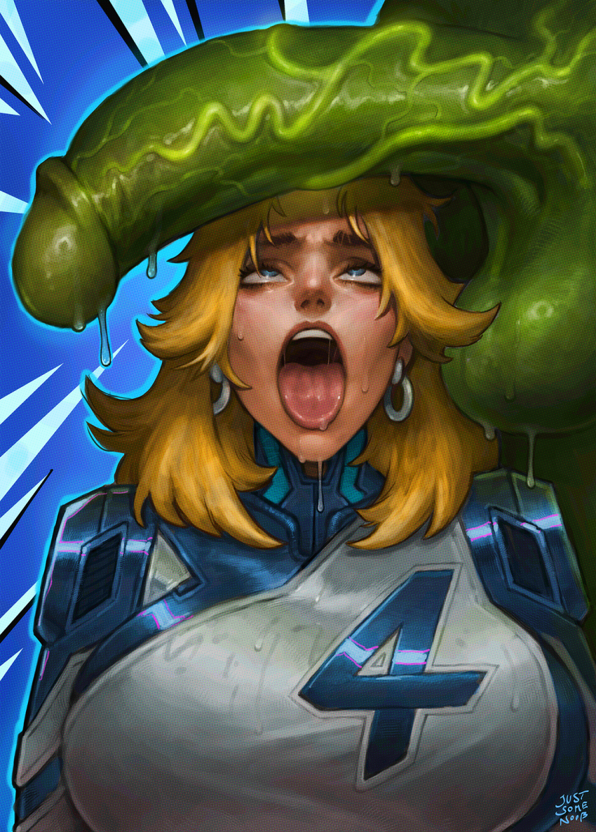 1boy 1girl blue_bodysuit blue_eyes bodysuit breasts colored_skin commentary earrings english_commentary green_skin highres hulk jewelry justsomenoob large_breasts large_penis marvel marvel_rivals medium_hair open_mouth paid_reward_available penis penis_awe penis_on_head sue_storm tongue tongue_out two-tone_bodysuit uncensored veins veiny_penis white_bodysuit