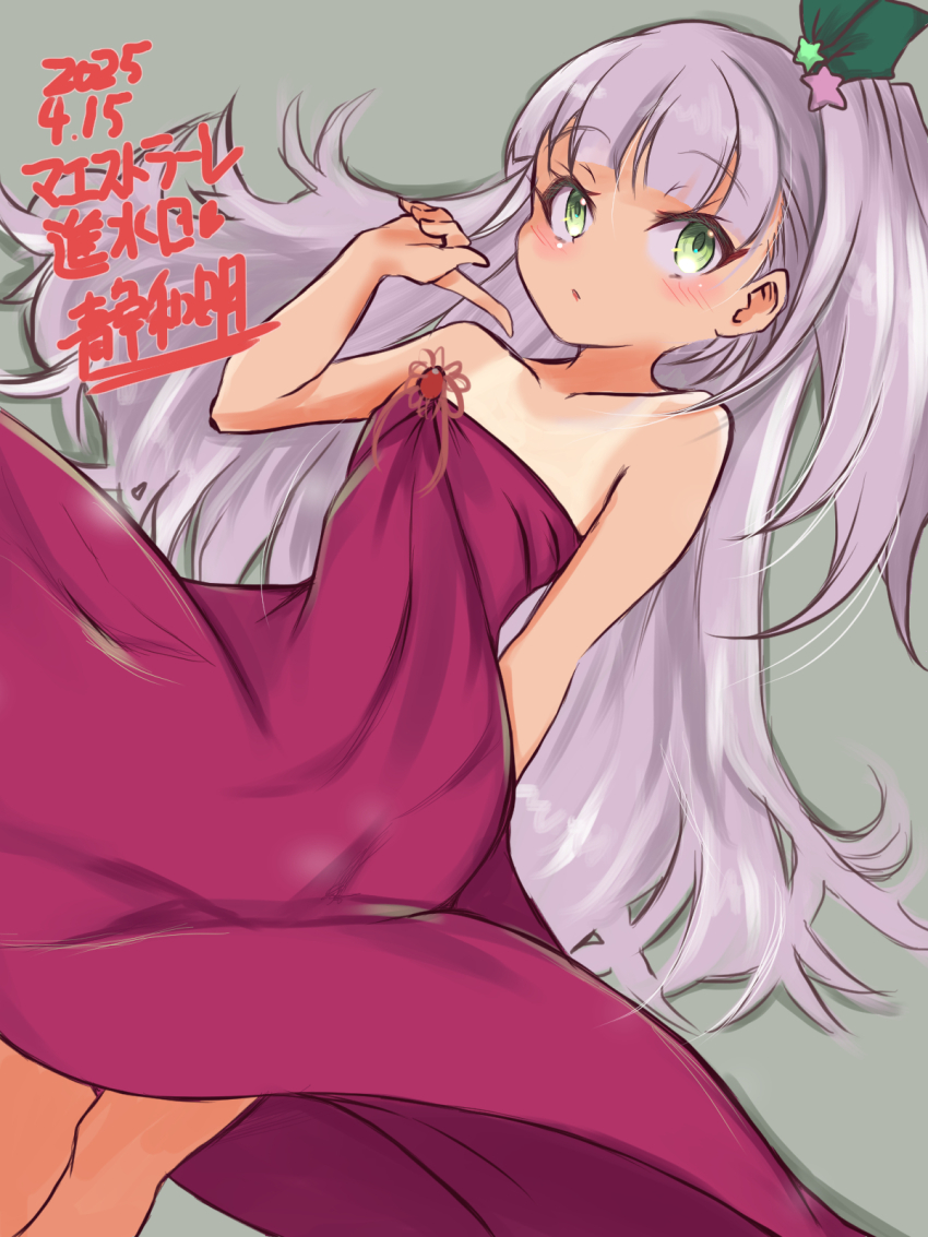 1girl alternate_costume bare_shoulders dark-skinned_female dark_skin dated dress dutch_angle feet_out_of_frame green_eyes grey_background hair_ornament highres kantai_collection long_hair maestrale_(kancolle) one-hour_drawing_challenge one-piece_tan one_side_up purple_hair shizuwa_akira simple_background solo star_(symbol) star_hair_ornament strapless strapless_dress tan tanline