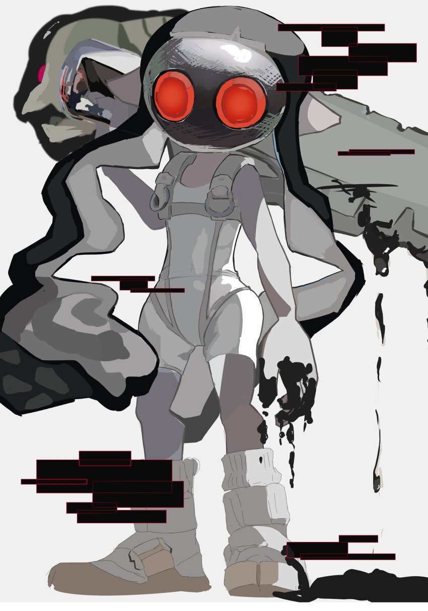 1girl absurdres bodysuit colored_skin commentary_request full_body glitch grey_background grey_skin highres holding holding_sword holding_weapon jelleton m46_u marching_andante nintendo order_splatana_(splatoon) parallel_canon_(splatoon) pointy_ears red_eyes simple_background sleeveless sleeveless_bodysuit solo splatoon_(series) splatoon_3 splatoon_3:_side_order standing sword weapon white_bodysuit