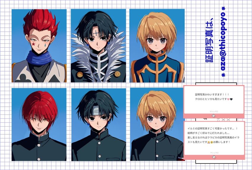 3boys black_eyes black_hair blonde_hair chrollo_lucilfer closed_mouth earrings facial_mark facial_tattoo gakuran grey_eyes hisoka_morow hunter_x_hunter id_photo jewelry kurapika male_focus multiple_boys multiple_views red_hair school_uniform star_(symbol) star_facial_mark tattoo teardrop_facial_mark thicopoyo twitter_username yellow_eyes