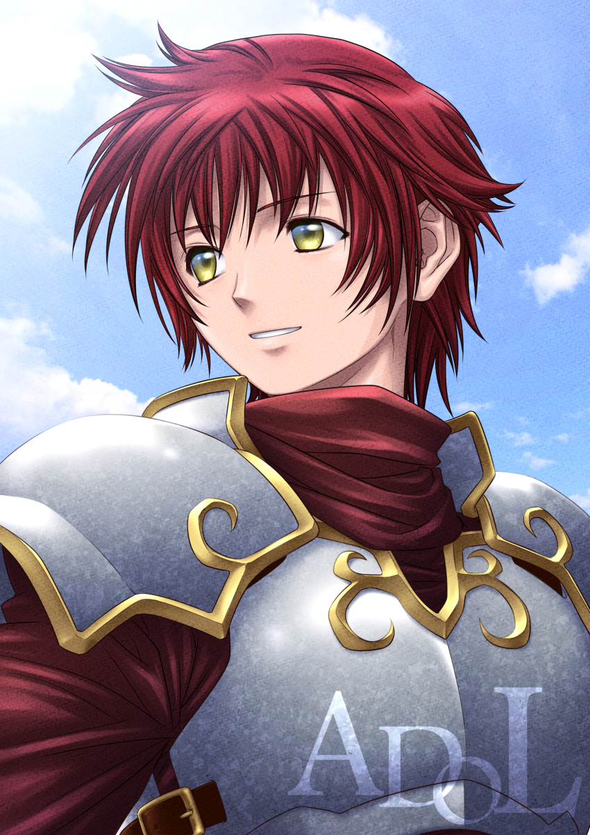 1boy absurdres adol_christin ancient_ys_vanished armor blue_sky character_name cloud highres kimura_akihiro long_sleeves looking_to_the_side parted_lips red_hair short_hair shoulder_armor sky smile solo upper_body yellow_eyes ys