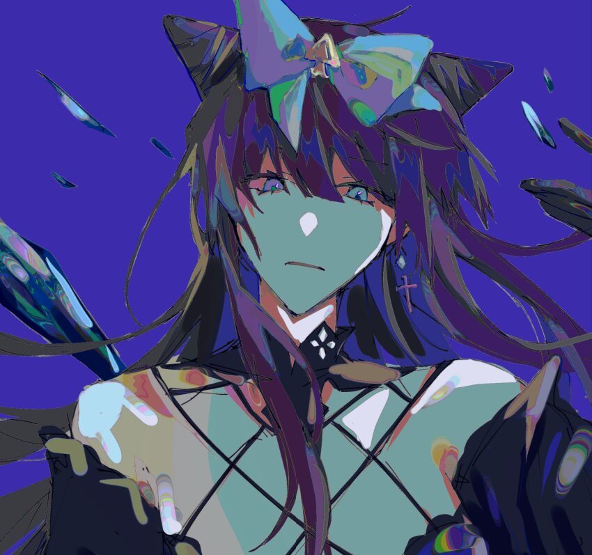 1girl arcaea bare_shoulders black_collar black_gloves black_hair black_shirt blue_background blue_bow blue_eyes bow collar cone_hair_bun criss-cross_straps cross cross_earrings crystal_wings diamond_earrings double_bun earrings eyelashes frown gloves hair_between_eyes hair_bow hair_bun highres jewelry long_hair long_sleeves official_alternate_costume oiviie open_mouth outstretched_hand shirt single_earring solo tairitsu_(arcaea) tairitsu_(tempest)_(arcaea) upper_body very_long_hair