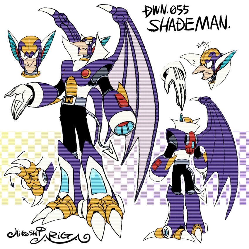 1boy android animal_ears ariga_hitoshi arm_cannon armor arrow_(symbol) artist_name bat_ears bat_wings belt black_eyes black_pants boots character_name reference_sheet checkered_background chest_jewel closed_mouth commentary_request concept_art demon_tail fang from_behind full_body gem gloves gradient_background green_eyes grey_belt helmet highres joints knee_boots light_smile long_nose looking_ahead looking_at_viewer looking_down male_focus mega_man_(classic) mega_man_(series) mega_man_7 mega_man_megamix multiple_views no_humans open_hand pants portrait purple_armor purple_background purple_footwear red_gemstone robot robot_ears robot_joints scanlines shade_man shoulder_armor signature simple_background soles standing straight-on tail talons tank_(container) three_quarter_view translation_request turnaround weapon white_background white_gloves wings yellow_background