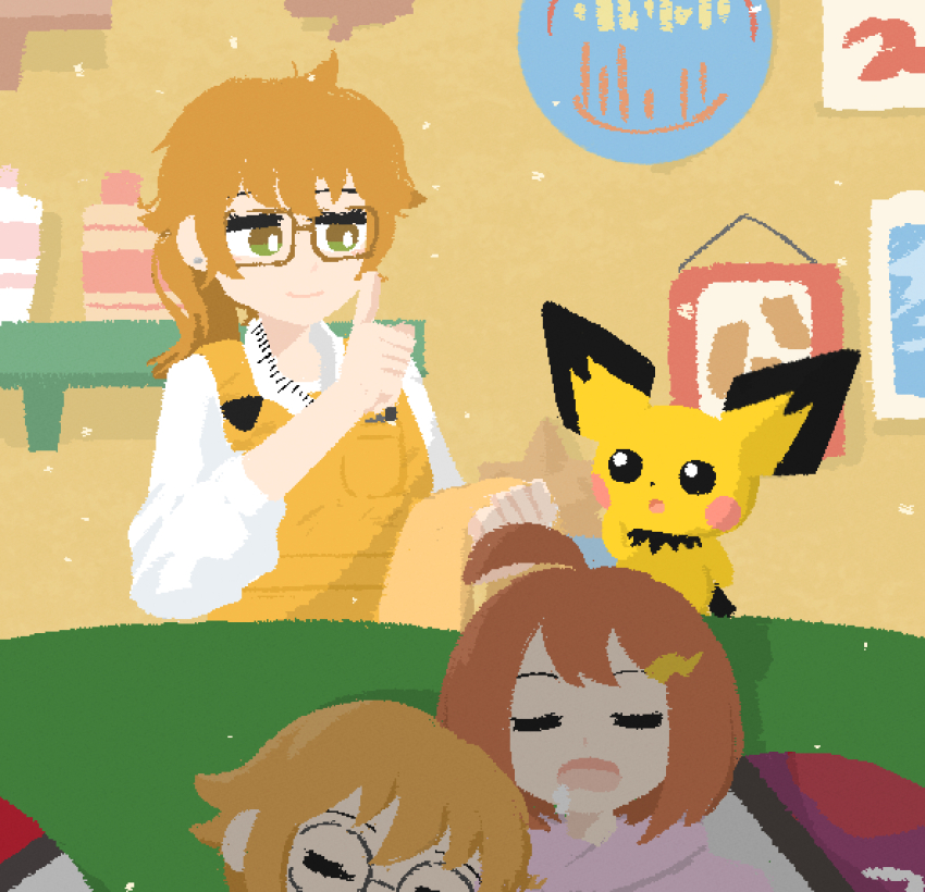 1boy 2girls :o ahoge brown-framed_eyewear brown_eyes brown_hair chan_chiho chan_mama closed_eyes closed_mouth commentary_request dot_nose drooling earrings eyelashes gen_2_pokemon glasses green_eyes hair_ornament harumi_(pokemon) indoors jewelry lightning_bolt lightning_bolt_hair_ornament lightning_bolt_symbol long_hair mother_and_daughter mother_and_son multicolored_eyes multiple_girls nintendo open_mouth overalls pichu pokemon pokemon_(creature) pokemon_kids_tv ponytail round_eyewear saliva shelf shirt sleeping smile two-tone_eyes white_shirt yakitaka_riza yellow_overalls