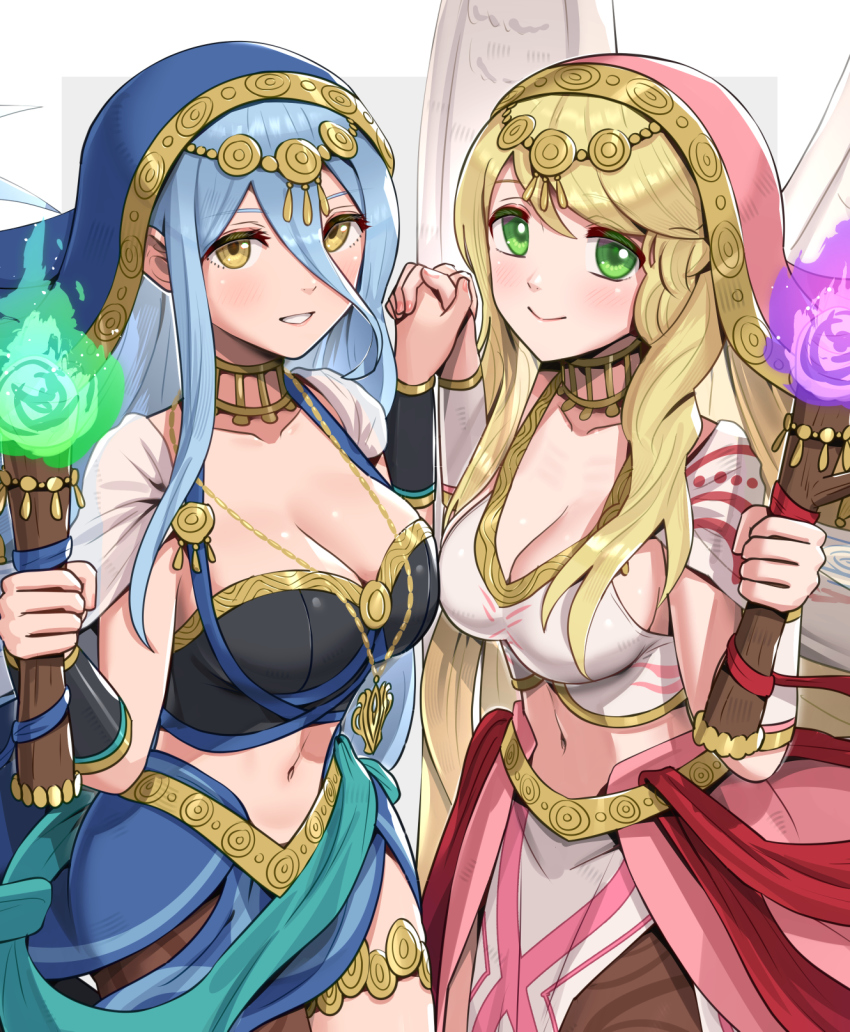2girls alternate_costume angel_wings azura_(fire_emblem) azura_(hatari)_(fire_emblem) bandeau black_bandeau blonde_hair blue_cape blue_hair blush breasts cape circlet cleavage collar collarbone commentary_request cowboy_shot feathered_wings fire_emblem fire_emblem:_radiant_dawn fire_emblem_fates fire_emblem_heroes gonzarez green_eyes hair_between_eyes hands_up highres holding holding_hands holding_torch jewelry large_breasts leanne_(fire_emblem) leanne_(hatari)_(fire_emblem) long_hair looking_at_viewer midriff multiple_girls navel nintendo official_alternate_costume parted_lips partial_commentary see-through_clothes sidelocks single_leg_pantyhose smile standing thighlet torch vambraces veil very_long_hair waist_cape white_bandeau white_cape white_wings wings yellow_eyes