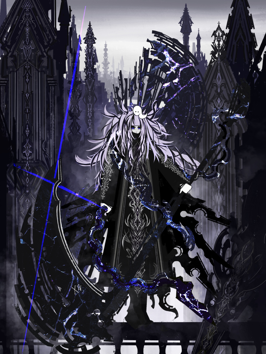1girl absurdres animal animal_on_head architecture black_hair full_body gothic_architecture highres holding holding_weapon huge_weapon long_hair looking_at_viewer multicolored_hair on_head original purple_eyes purple_hair riz_kira snake solo standing two-tone_hair walking_on_railing weapon