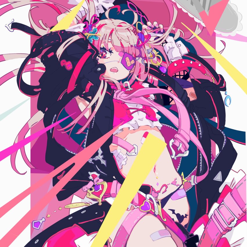 1girl alternate_costume arms_up belt black_jacket black_kimono blunt_bangs border commentary cowboy_shot cropped_shirt cross-laced_vest dot_nose english_commentary eyelashes eyepatch fangs frilled_shirt frills hair_ornament hairclip heart highres hood hood_up hooded_jacket jacket japanese_clothes kimono l_c_ri_s_ps leg_tattoo long_hair makaino_ririmu medical_eyepatch multiple_belts nail_polish nijisanji open_belt open_clothes open_jacket open_mouth outside_border pill pillarboxed pink_background pink_belt pink_eyes pink_hair pink_nails pink_vest pocket shirt solo stomach tattoo teeth thigh_strap twintails upper_teeth_only vest virtual_youtuber white_arm_warmers white_border white_shirt winged_heart_tattoo zipper