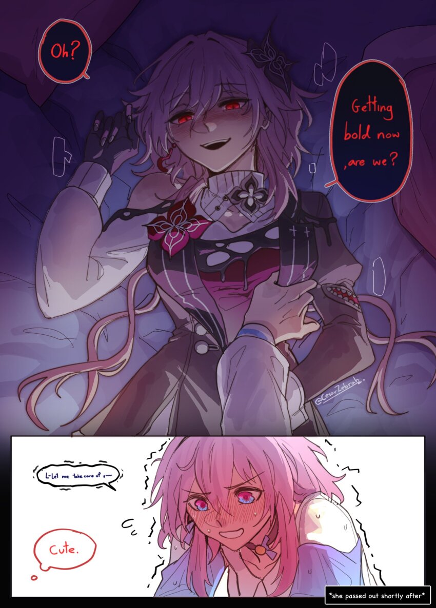 2girls black_gloves blue_eyes blue_shirt blush cesar_zebrah commentary dual_persona earrings english_commentary english_text evernight_(honkai:_star_rail) gloves highres honkai:_star_rail honkai_(series) jewelry long_hair march_7th_(honkai:_star_rail) multicolored_eyes multiple_girls open_mouth pink_eyes pink_hair red_eyes selfcest shirt smile speech_bubble sweat thought_bubble trembling two-tone_eyes yuri