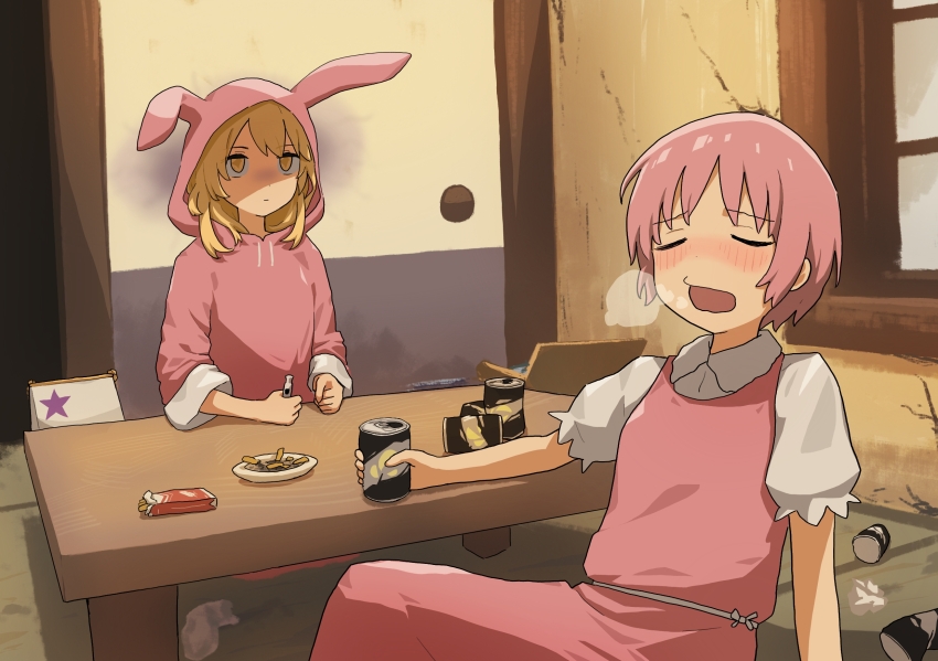 2girls bag beer_can blonde_hair burp can cigarette cigarette_butt closed_eyes closed_mouth commentary commission dress drink_can drunk english_commentary frown handbag highres holding holding_can indoors living_room long_hair long_sleeves miasma multiple_girls onesie open_mouth pink_dress pink_hair shirt shokuhou_misaki short_hair short_sleeves sitting table tatararashi toaru_majutsu_no_index tsukuyomi_komoe whistle white_shirt yellow_eyes