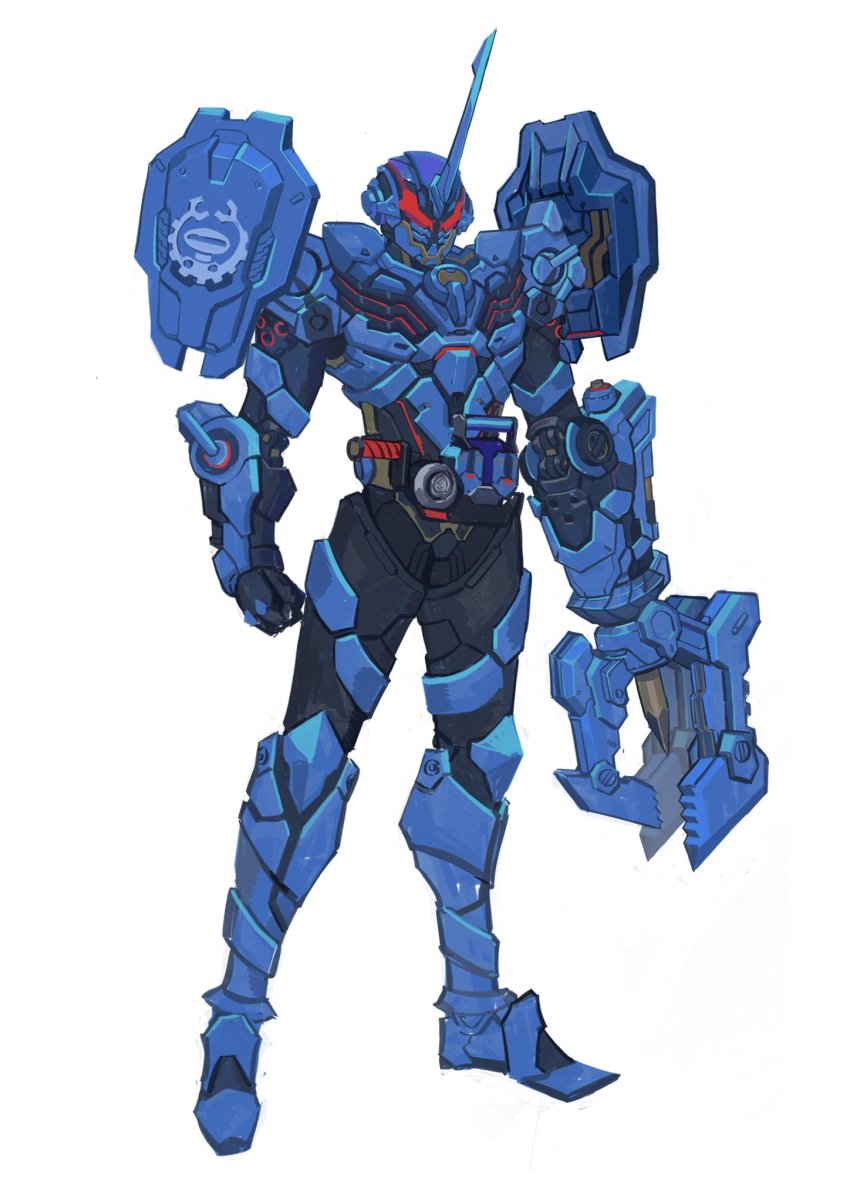 1boy armor belt black_bodysuit blizzard_knuckle bodysuit build_driver catball1994 commentary_request rider_belt grease_blizzard helmet highres kamen_rider kamen_rider_build_(series) kamen_rider_grease male_focus power_armor red_eyes rider_belt shiny_clothes simple_background solo standing tokusatsu utility_belt white_background