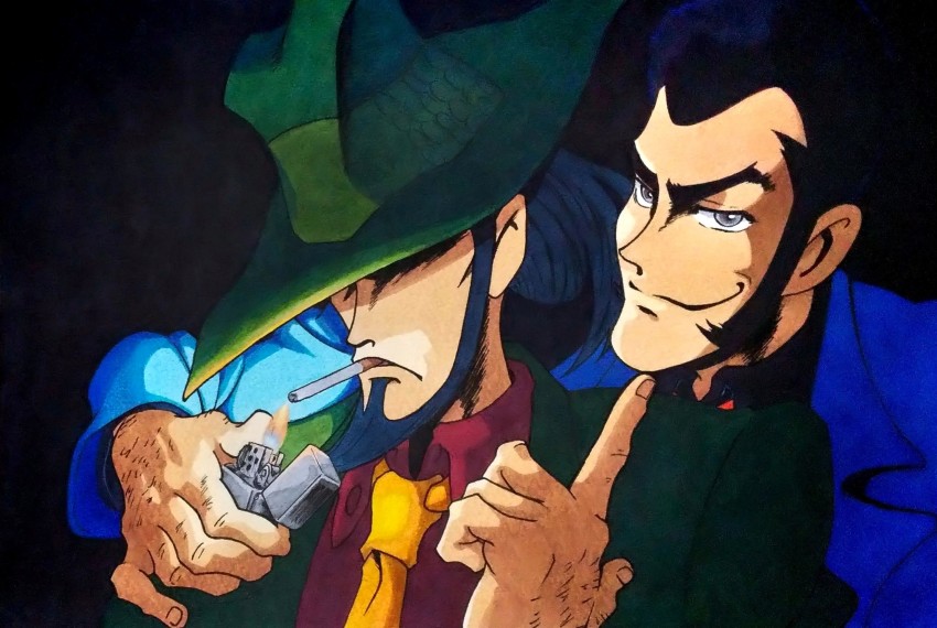 2boys arsene_lupin_iii beard black_background black_hair blue_jacket cigarette facial_hair fire fire green_headwear green_jacket grey_eyes hat highres holding holding_lighter jacket jigen_daisuke lighter lupin_iii male_focus mouth_hold multiple_boys necktie pointing pointing_at_another short_hair sideburns smoking teko_kijibato upper_body yellow_necktie