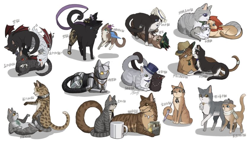 animal_focus animalization argus_(reverse:1999) ascot avgust_(reverse:1999) bat_wings black_cat black_hat boater_hat braces brown_cat brown_hat cat checkered_hairband chinese_text coffee_mug cowboy_hat cup flutterpage glasses green_hat greta_hofmann grey_cat grey_hat hairband hat headscarf heterochromia highres holding holding_ribbon_baton holding_with_tail isolde_(reverse:1999) jar jewelry kakania_(reverse:1999) lucy_(reverse:1999) maid_headdress marcus_(reverse:1999) medicine_pocket ming_wei_wukong_de_mao mug necklace newsboy_cap no_humans prehensile_tail red_headscarf reverse:1999 ribbon ribbon_baton robot_cat scar scar_across_eye scar_on_face scarf schneider_(reverse:1999) semmelweis_(reverse:1999) sonetto_(reverse:1999) tabby_cat tail tooth_fairy_(reverse:1999) tooth_necklace valentina_(reverse:1999) vertin_(reverse:1999) vila_(reverse:1999) white_ascot white_background white_hat white_scarf willow_(reverse:1999) windsong_(reverse:1999) wings witch_hat x_(reverse:1999) z_(reverse:1999)