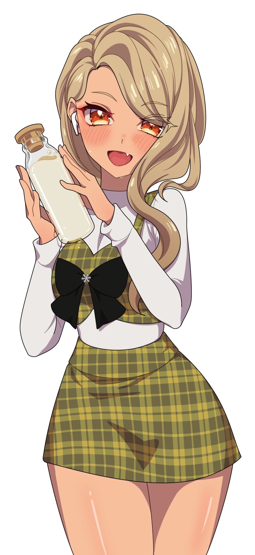 1girl absurdres airpods black_bow blush bottle bow brown_hair dark-skinned_female dark_skin eyes_visible_through_hair fang green_skirt green_vest gyaru highres holding holding_bottle implied_breast_milk kaminari_qpi long_hair long_sleeves looking_at_viewer milk miniskirt omas_lie orange_eyes parted_bangs plaid_clothes plaid_skirt plaid_vest shirt simple_background skirt skirt_set snowflake_ornament solo sweat vest virtual_youtuber vspo! white_background white_shirt wireless_earphones yellow_eyes