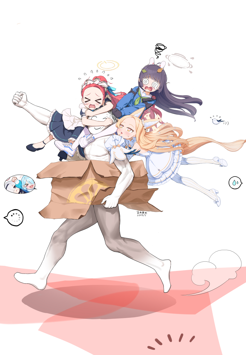 &gt;_&lt; 1boy 5girls @_@ absurdres animal_ear_fluff animal_ears apron arona_(blue_archive) bird black_dress black_hair black_shoes blonde_hair blue_archive blush box buffering cardboard_box carrying carrying_multiple_people carrying_person commentary_request cross_halo dated detached_sleeves doodle_sensei_(blue_archive) dress extra_ears fake_animal_ears forehead fox_ears fox_girl fox_tail full_body grabbing_another&#039;s_hair green_neckerchief grey_halo halo highres holding holding_box jinrou_mangfu leaf leaf_on_head long_hair long_sleeves maid maid_apron maid_headdress miyu_(blue_archive) multiple_girls neckerchief nude official_alternate_costume open_mouth pantyhose plana_(blue_archive) ponytail rabbit_ears red_hair sailor_collar seia_(blue_archive) sensei_(blue_archive) shoes short_sleeves shoulder_carry simple_background sitting_on_shoulder sleeveless sleeveless_dress sleeves_past_fingers sleeves_past_wrists striped_clothes striped_pantyhose sweatdrop tail vertical-striped_clothes vertical-striped_pantyhose white_background white_dress white_pantyhose white_sailor_collar white_shoes white_sleeves white_sneakers yellow_eyes yellow_halo yuzu_(blue_archive) yuzu_(maid)_(blue_archive)