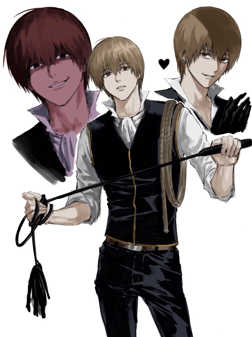 1boy belt black_gloves black_pants brown_belt brown_hair cowboy_shot gintama gloves heart highres holding looking_at_viewer male_focus multiple_views okita_sougo pants red_eyes short_hair simple_background sso_s teeth white_background