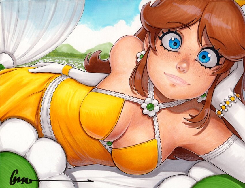 1girl arm_at_side artist_name blue_eyes blue_sky blush bracelet breasts brown_hair cleavage cleavage_cutout clothing_cutout cloud colored_pencil_(medium) cumulonimbus_cloud curtains dress earrings elbow_gloves elbow_rest eyelashes flipped_hair gloves halter_dress halterneck head_rest indoors jewelry lips long_hair looking_at_viewer lounging lying mario_(series) marker medium_breasts mountainous_horizon nintendo nose nose_blush omar_dogan on_side parted_bangs pillow pink_lips princess_daisy sidelocks signature sky solo traditional_media watch white_gloves wristwatch yellow_dress