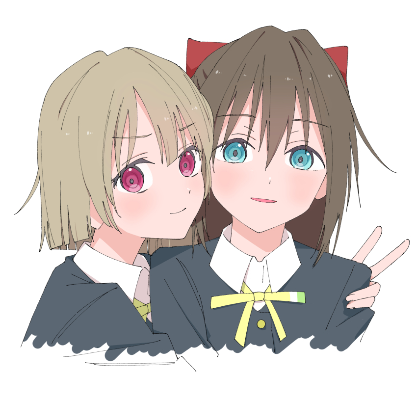 2girls black_jacket blue_eyes blush bow brown_hair collared_shirt commentary cropped_torso hair_between_eyes hair_bow hand_on_another&#039;s_shoulder haruruhaharur heads_together highres hug jacket long_hair looking_at_viewer love_live! love_live!_nijigasaki_high_school_idol_club multiple_girls nakasu_kasumi neck_ribbon nijigasaki_school_uniform osaka_shizuku red_bow red_eyes ribbon school_uniform shirt short_hair sidelocks simple_background smile symbol-only_commentary v white_background white_shirt yuri