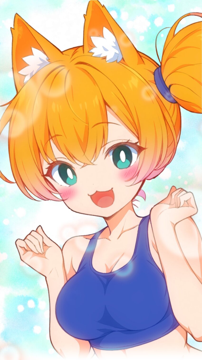 1girl :3 :d animal_ear_fluff animal_ears aqua_eyes asymmetrical_hair bare_arms bare_shoulders blonde_hair blue_eyes blush bra breasts bright_pupils cleavage fang fox_ears green_eyes hair_between_eyes hands_up highres kakk_e looking_at_viewer medium_breasts midriff misty_(pokemon) navel nintendo open_mouth orange_hair pokemon pokemon_frlg ponytail shirt short_hair side_ponytail smile solo sports_bra sportswear swimsuit tail underwear upper_body
