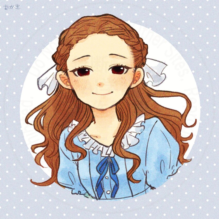 1girl blue_dress blush brown_hair cropped_torso dress forehead highres idolmaster idolmaster_cinderella_girls long_hair looking_at_viewer okaki_(ss_24g) red_eyes seki_hiromi smile solo upper_body