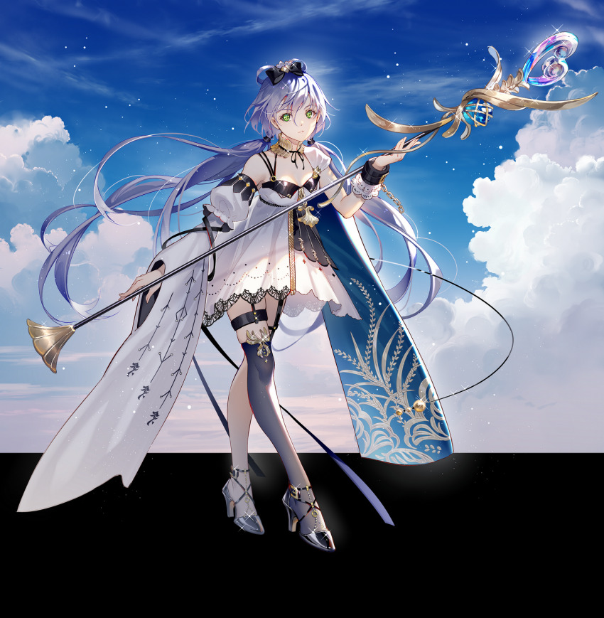 1girl black_bow black_footwear black_ribbon black_thighhighs blue_cape blue_sky bow breasts cape cloud commentary crossed_legs detached_collar detached_sleeves dress empire_waist fantasy floating_hair full_body garter_straps green_eyes grey_hair hair_between_eyes hair_bow hair_rings high_heels highres holding holding_staff juliet_sleeves light_particles long_hair long_sleeves looking_at_viewer low_twintails luo_tianyi mage_staff neck_ribbon official_art puffy_sleeves ribbon short_dress side_cape single_bare_shoulder single_sleeve single_thighhigh single_wide_sleeve sky sleeveless sleeveless_dress solo staff standing thighhighs tidsean twintails very_long_hair vocaloid vsinger_(vocaloid) white_dress wrist_cuffs