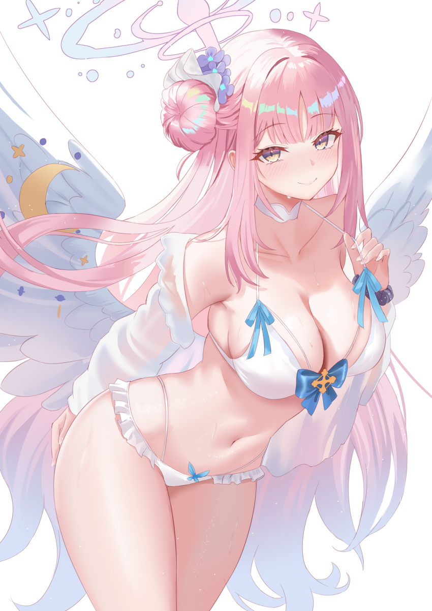 1girl angel_wings bare_shoulders bikini black_scrunchie blue_archive blue_bow blue_ribbon blush bow breasts choker cleavage closed_mouth collarbone commentary cross feathered_wings fingernails flower frilled_bikini frills hair_bun hair_flower hair_ornament hair_ribbon halo highres holding_strap large_breasts long_hair looking_at_viewer low_wings mika_(blue_archive) nail_polish navel pink_hair pink_halo print_scrunchie purple_flower ribbon rorokaede scrunchie shirt simple_background single_side_bun smile solo starry_sky_print stomach swimsuit thighs white_background white_bikini white_choker white_ribbon white_shirt white_wings wings wrist_scrunchie yellow_eyes