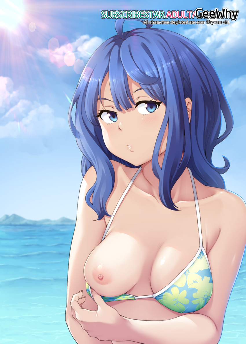 1girl artist_name bikini blue_eyes blue_hair blue_sky breasts cloud commentary english_commentary flashing geewhy highres horizon lens_flare long_hair looking_at_viewer make_heroine_ga_oo_sugiru! medium_breasts nipples ocean one_breast_out outdoors parted_lips sky solo subscribestar_username swimsuit watermark web_address yanami_anna