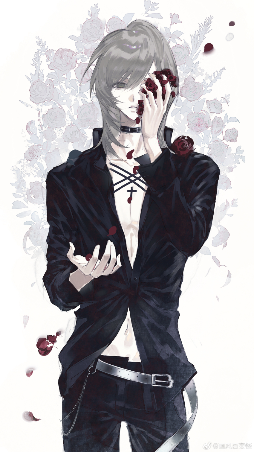 2000s_(style) absurdres bouquet collar collarbone fengguai flower highres holding holding_bouquet jewelry long_hair original red_flower red_rose rose shirt
