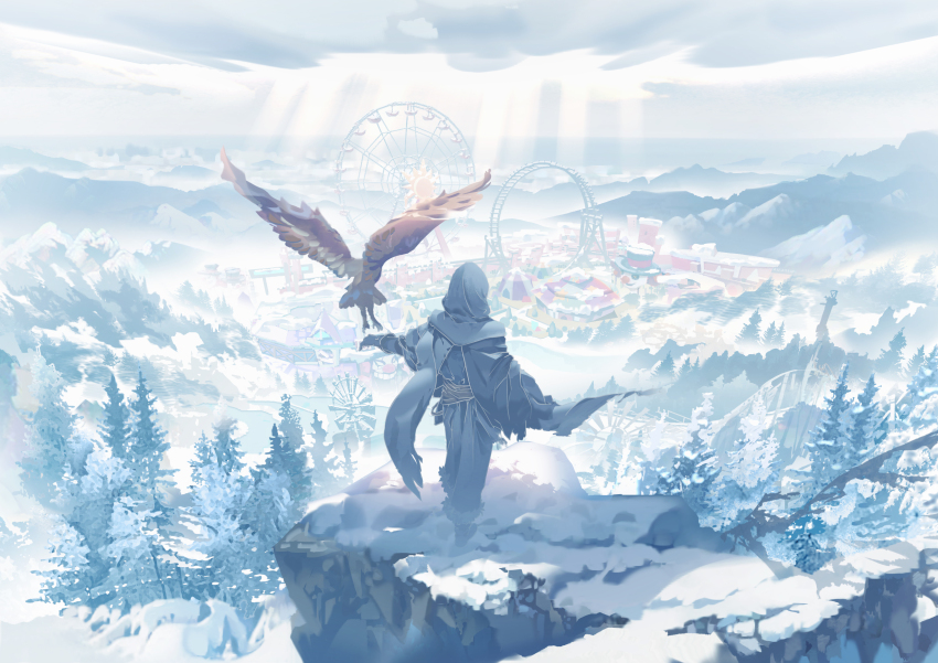 1other absurdres bird boots cape cloak cloud day eli_clark facing_away ferris_wheel gloves grey_cape grey_cloak grey_pants hawk highres hood hood_up hooded_cloak ice_(805482263) identity_v light_rays mountain mountainous_horizon outdoors outstretched_arm pants pine_tree rock roller_coaster scenery snow solo standing sunlight tent torn_cape torn_clothes tree winter