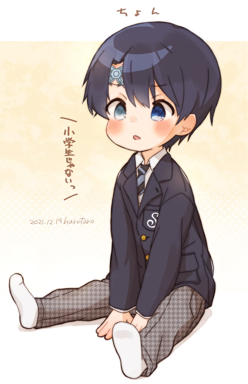 1boy artist_name black_hair blue_eyes blush child collared_shirt commentary_request dated diagonal-striped_clothes diagonal-striped_necktie dot_nose facial_mark far_tarooo forehead_mark hair_between_eyes heterochromia highres hiro_(far_tarooo) houndstooth jacket layered_sleeves long_sleeves male_focus monogram necktie open_mouth original pants parted_bangs patterned_clothing school_uniform shirt sitting socks solo striped_clothes suit_jacket translation_request white_shirt white_socks wing_collar