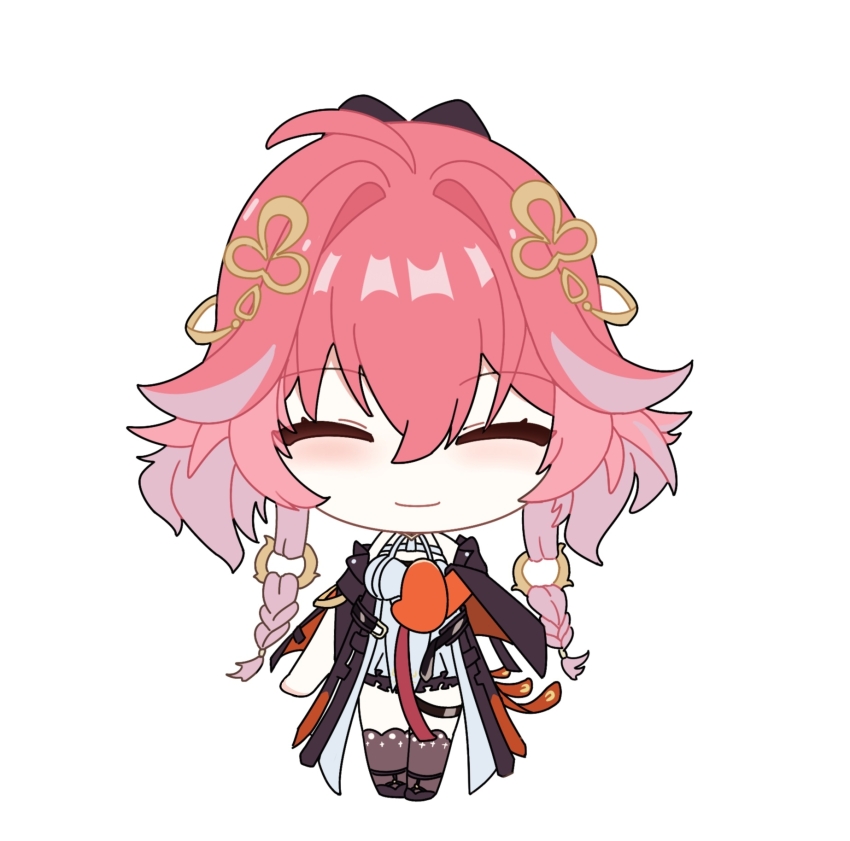 1girl braid changli_(wuthering_waves) chibi closed_eyes closed_mouth dress full_body hair_between_eyes hair_ornament highres hongye1 jacket long_hair long_sleeves pink_hair simple_background smile solo thighhighs white_background white_dress wuthering_waves
