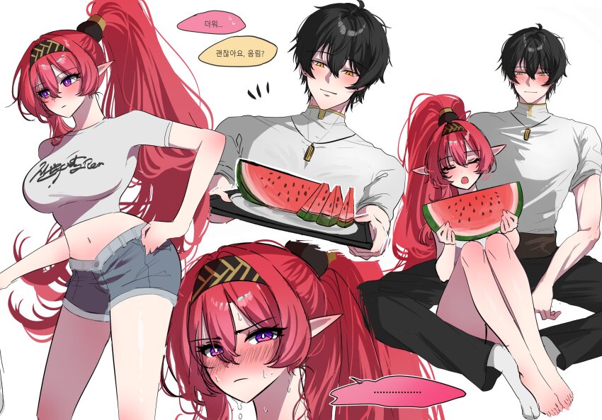 1boy 1girl absurdres black_hair dstscq food fruit highres korean_commentary korean_text long_hair male_rover_(wuthering_waves) navel purple_eyes red_hair rover_(wuthering_waves) speech_bubble translation_request watermelon watermelon_slice wuthering_waves yellow_eyes yinlin_(wuthering_waves)