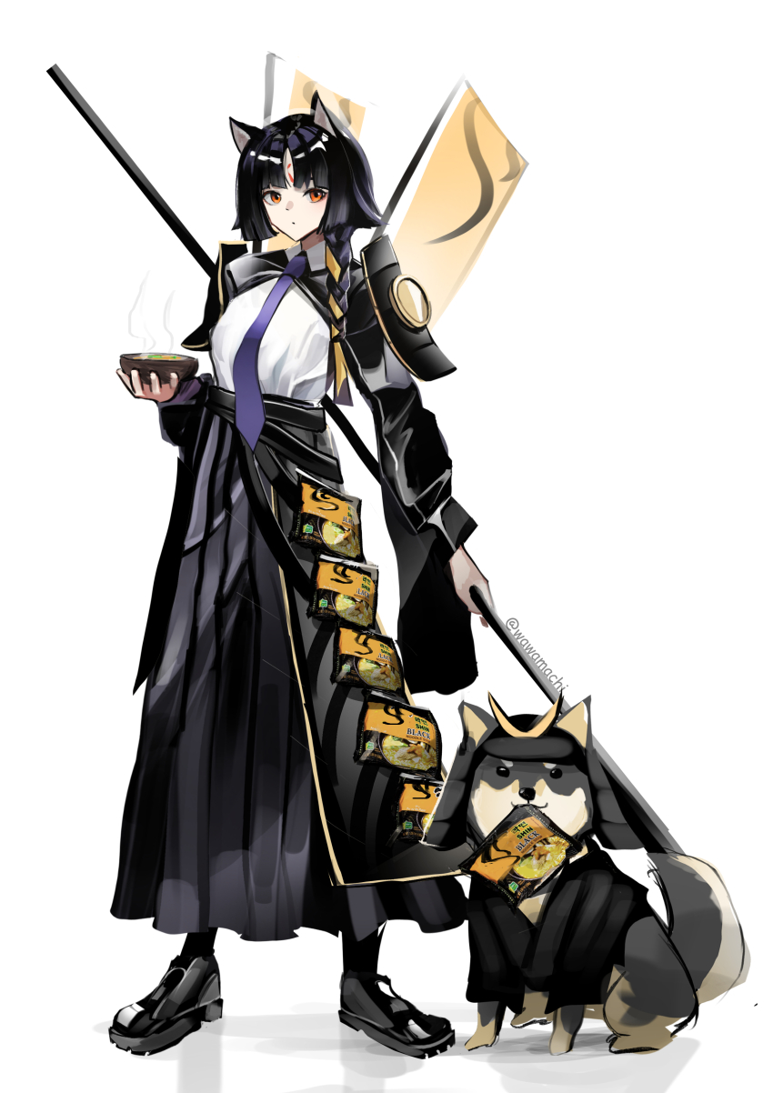 1girl 1other absurdres alternate_costume animal_ears arknights armor banner bowl closed_mouth dog dog_ears dog_girl dot_mouth food food_in_mouth helmet highres holding holding_bowl instant_ramen japanese_armor kabuto_(helmet) necktie nobori noodles pack_noodles ramen saga_(arknights) samurai shiba_inu shoes sneakers steam wawamachi