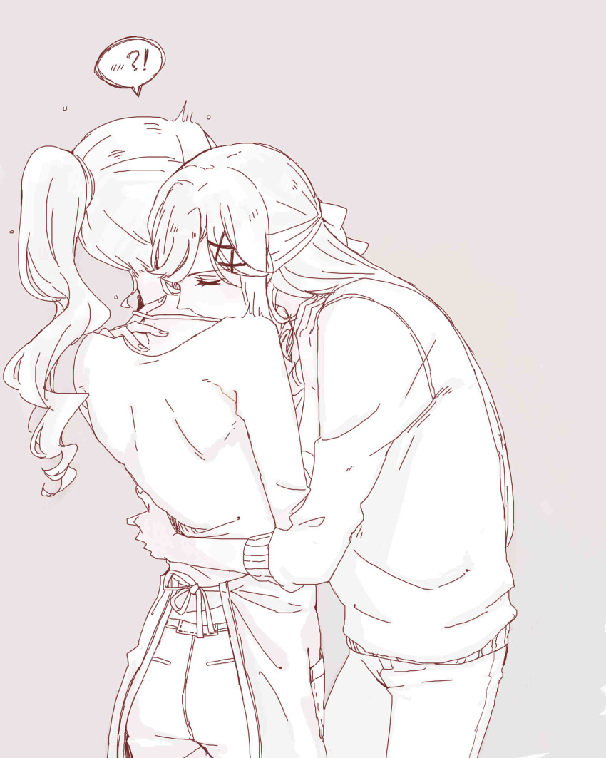 ! !? 2girls ? absurdres apron closed_eyes commentary_request covered_mouth cowboy_shot facing_another fingernails flinch grey_background hair_ornament hair_ribbon hand_on_another&#039;s_shoulder hand_up head_on_another&#039;s_shoulder highres hug lamey20555281 lineart long_hair multiple_girls pants parted_bangs ponytail ribbon saijou_claudine shirt shoujo_kageki_revue_starlight simple_background spoken_exclamation_mark spoken_question_mark strap_lift striped_sleeve_cuffs tendou_maya three-quarter_sleeves wavy_hair x_hair_ornament yuri