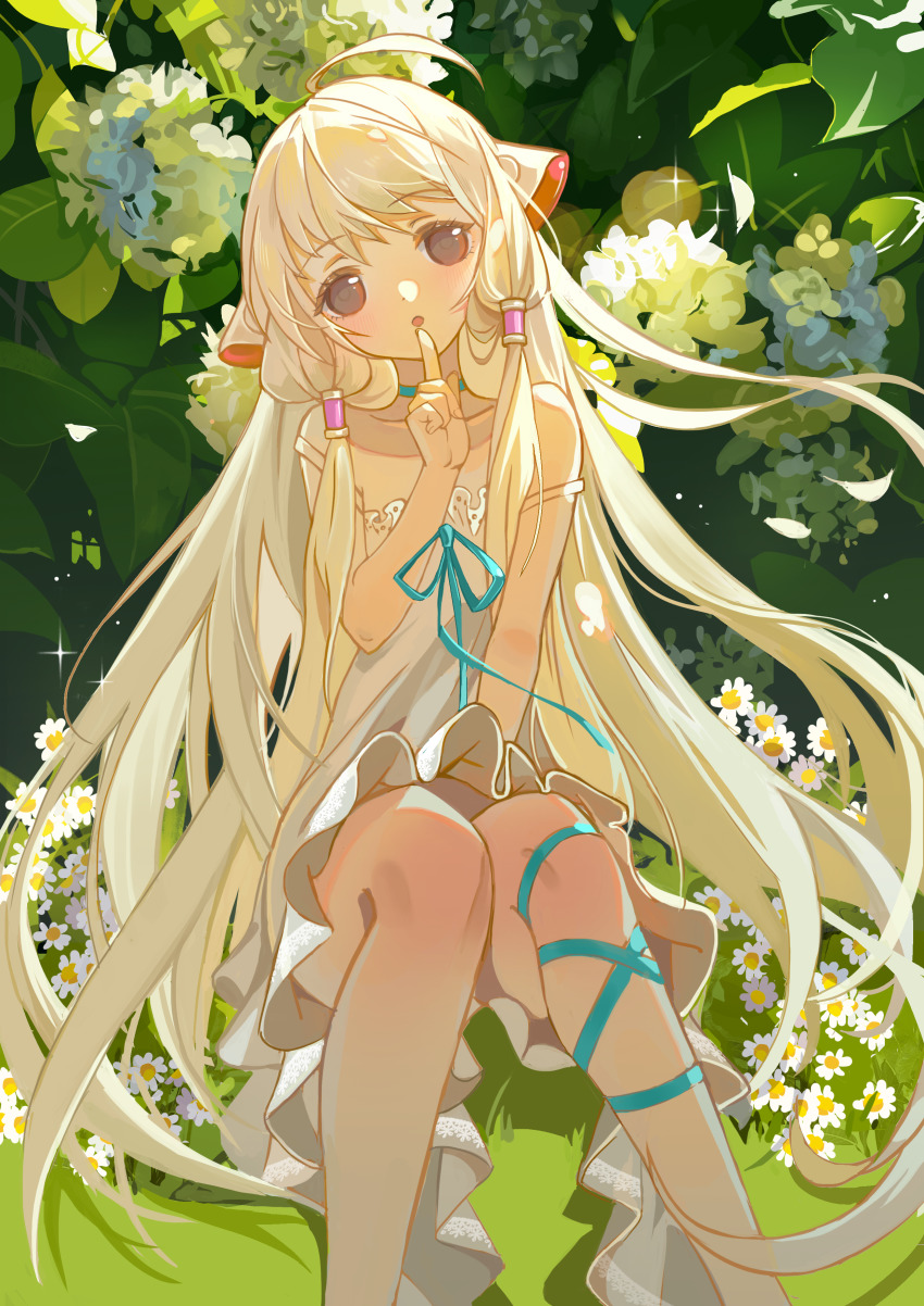 1girl absurdres ahoge bare_shoulders blue_ribbon brown_eyes chii chobits day dress hair_spread_out hair_tubes haitu highres index_finger_raised leg_ribbon long_hair looking_at_viewer outdoors ribbon sitting solo very_long_hair white_dress