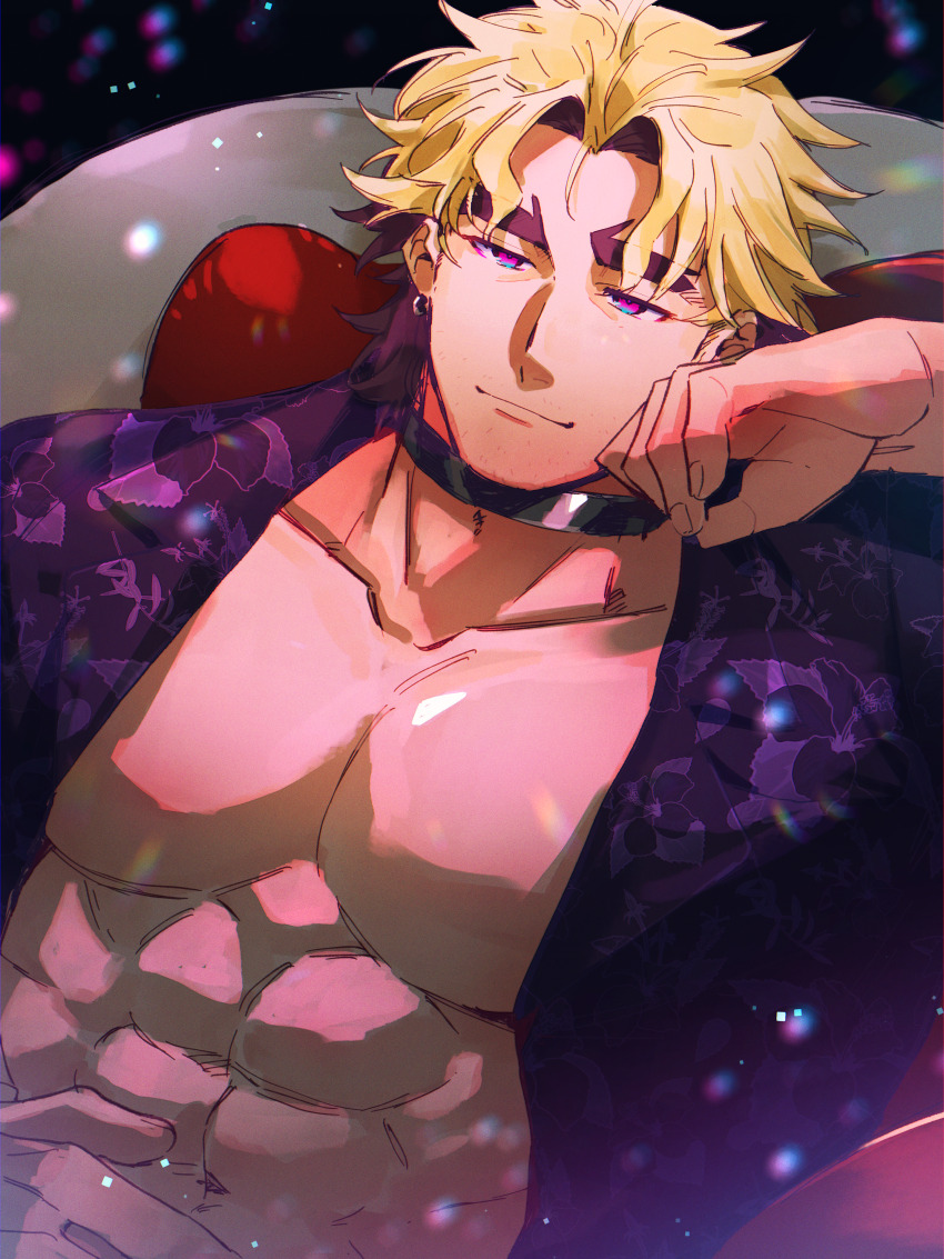 1boy abs absurdres bara blonde_hair choker closed_mouth collarbone curtains hagiography highres large_pectorals loki_(housamo) looking_at_viewer male_focus muscular muscular_male pectorals purple_eyes purple_shirt shirt short_hair solo thick_eyebrows tokyo_houkago_summoners