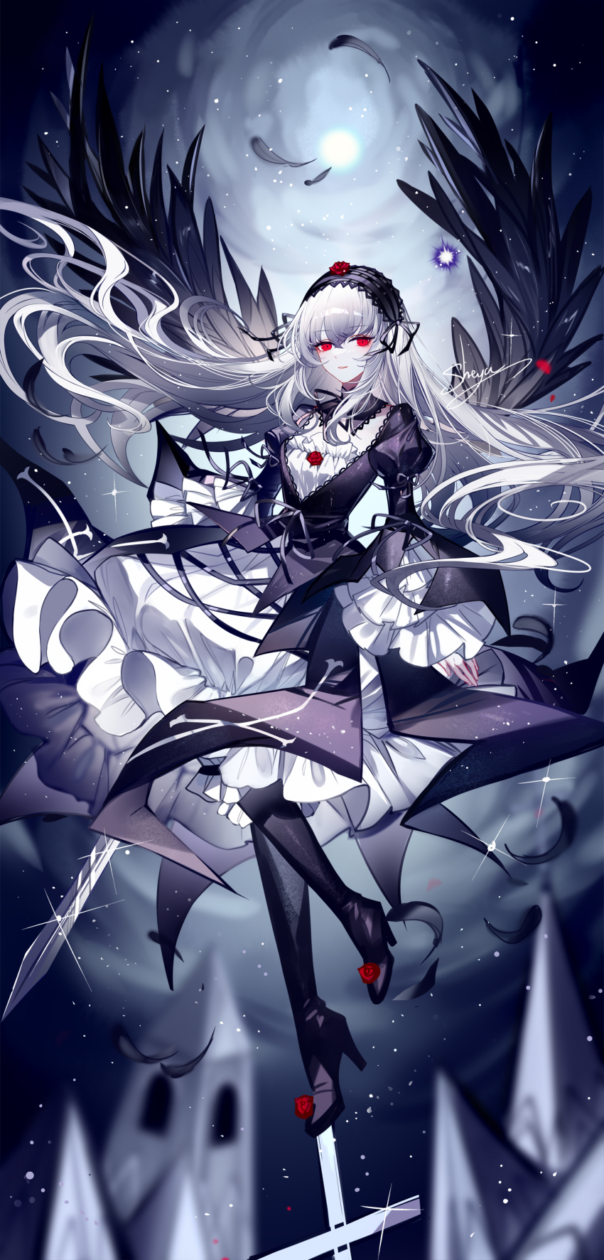 1girl absurdres artist_name black_boots black_dress black_hairband boots dress frilled_sleeves frills grey_hair hairband high_heel_boots high_heels highres juliet_sleeves long_hair long_sleeves looking_at_viewer parted_lips puffy_sleeves red_eyes rozen_maiden sheya signature smile solo suigintou very_long_hair wide_sleeves