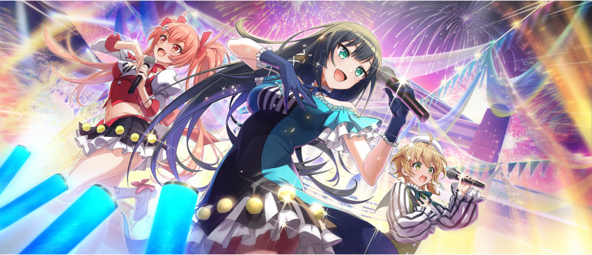 3girls bare_shoulders black_hair black_skirt blonde_hair blue_dress blue_ribbon breasts cielo_(konosuba) cleavage collar dress erika_(konosuba) fireworks game_cg gloves glowstick green_dress green_eyes hair_ornament highres kono_subarashii_sekai_ni_shukufuku_wo! konosuba!_fantastic_days lia_(konosuba) long_hair medium_breasts microphone multiple_girls navel official_art penlight_(glowstick) pink_hair pleated_skirt red_eyes red_ribbon red_shirt ribbon shirt skirt