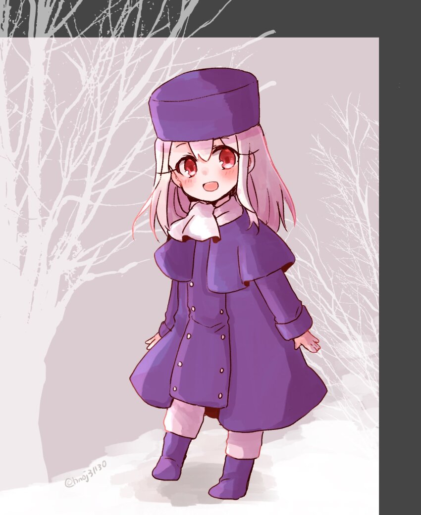 1girl blush coat fate/zero fate_(series) full_body fur_hat hat highres illyasviel_von_einzbern long_hair looking_at_viewer open_mouth papakha purple_coat purple_hat red_eyes saihara scarf sketch smile solo white_hair
