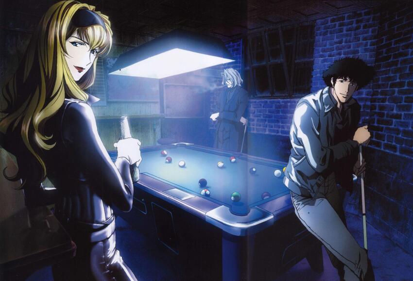 1girl 2boys absurdres ball billiard_ball billiards black_hair blonde_hair blue_eyes bodysuit bottle closed_eyes closed_mouth cowboy_bebop cue_stick grey_hair highres julia_(cowboy_bebop) latex latex_bodysuit lipstick long_hair looking_at_viewer makeup medium_hair multiple_boys official_art smile smoke smoking spike_spiegel spiked_hair vicious_(cowboy_bebop)