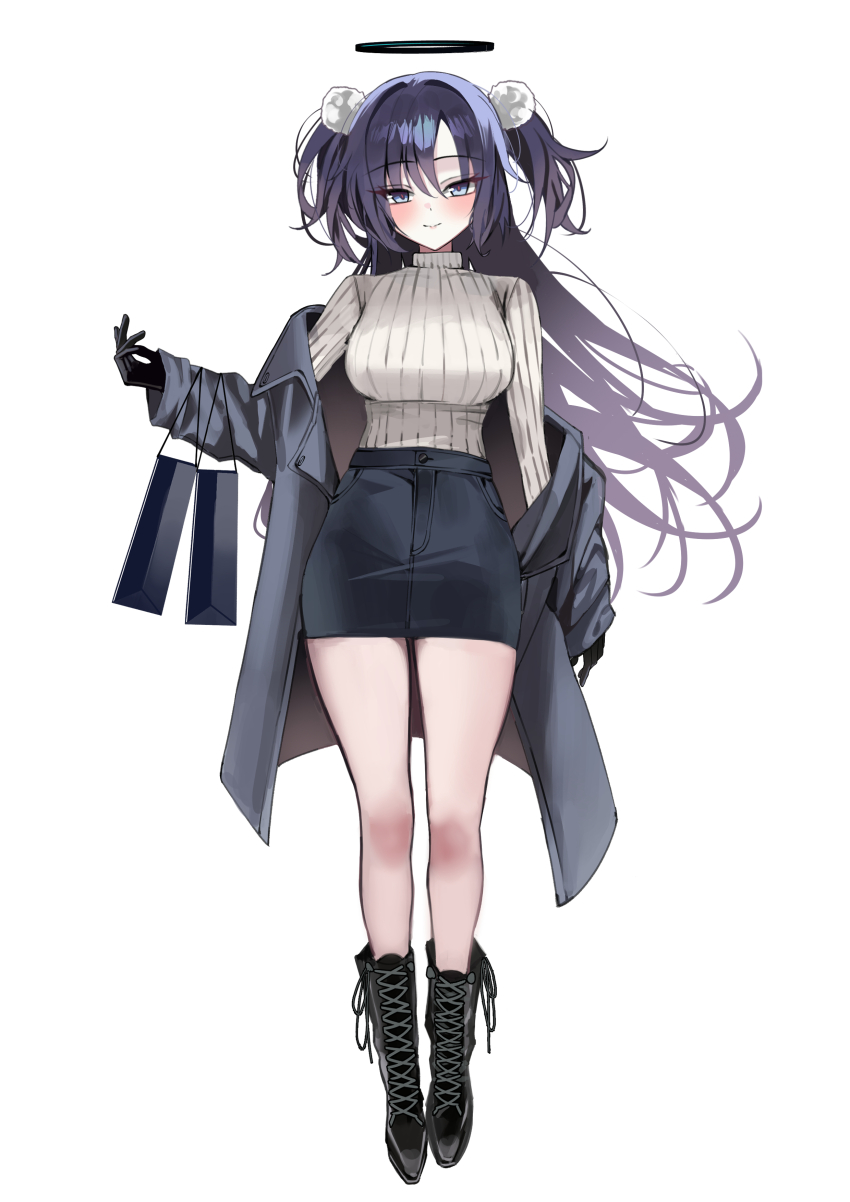 1girl absurdres alternate_costume arm_at_side bag black_bag black_boots black_coat black_gloves black_skirt blue_archive boots breasts closed_mouth coat floating_hair full_body gloves halo hand_up highres large_breasts long_hair looking_at_viewer mango_(mango0208) pom_pom_(clothes) purple_hair red_pupils ribbed_sweater shopping_bag simple_background skirt solo standing sweater turtleneck turtleneck_sweater two_side_up very_long_hair white_background white_sweater yuuka_(blue_archive)