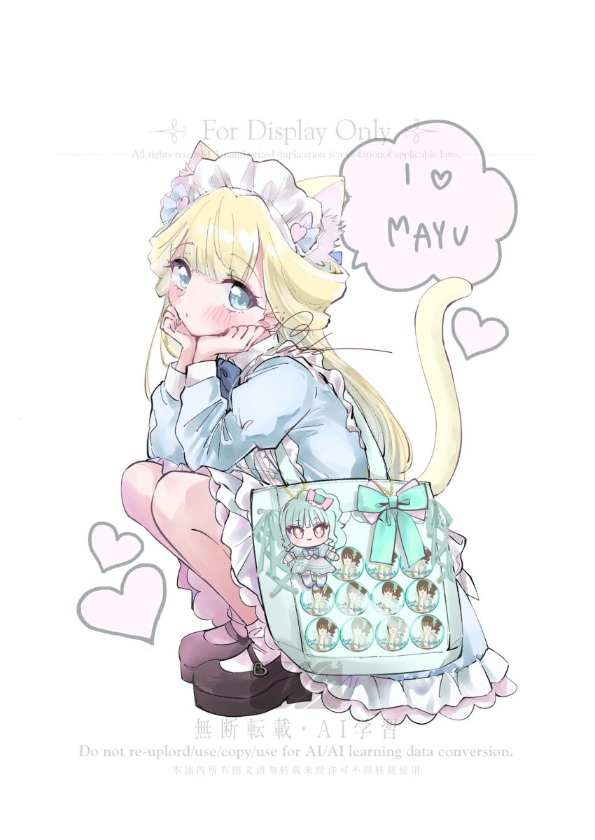 1girl :o alternate_costume animal_ear_fluff animal_ears apron aqua_bag aqua_bow bag bag_bow black_shoes blonde_hair blue_bow blue_bowtie blue_dress blue_eyes blue_ribbon blunt_bangs blush bow bowtie buckle cat_ears cat_girl cat_tail character_doll commentary_request cure_lillian doll dress duko enmaided eyelashes frilled_apron frilled_dress frills full_body hair_ornament hair_ribbon hands_on_own_cheeks hands_on_own_face heart heart-shaped_buckle heart_hair_ornament highres implied_yaoi juliet_sleeves kemonomimi_mode long_hair long_sleeves maid maid_headdress mary_janes medium_dress nekoyashiki_mayu nekoyashiki_yuki parted_lips precure puffy_sleeves ribbon sample_watermark shoes signature simple_background socks solo speech_bubble squatting tail tareme tote_bag very_long_hair watermark white_apron white_background white_socks wonderful_precure!
